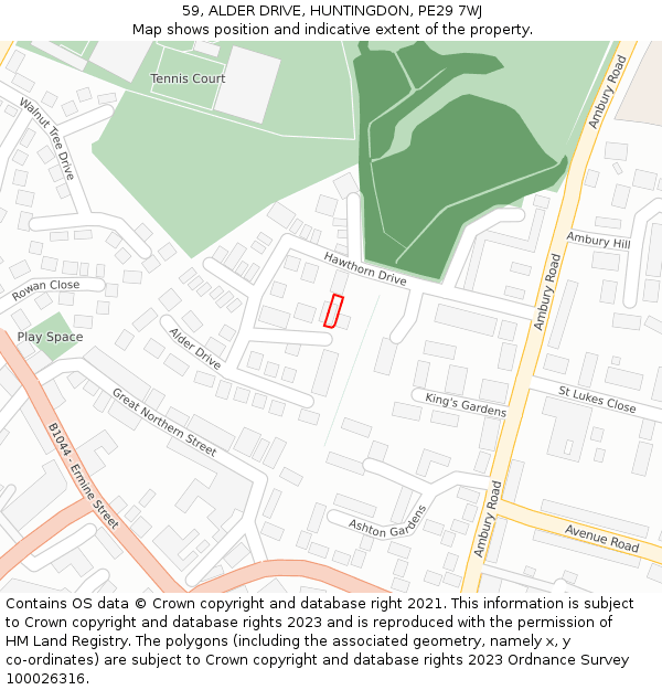 59, ALDER DRIVE, HUNTINGDON, PE29 7WJ: Location map and indicative extent of plot