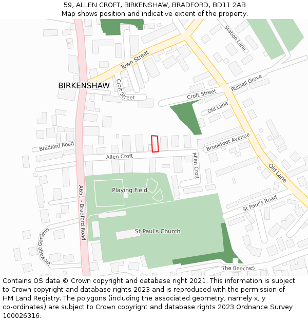 59, ALLEN CROFT, BIRKENSHAW, BRADFORD, BD11 2AB: Location map and indicative extent of plot