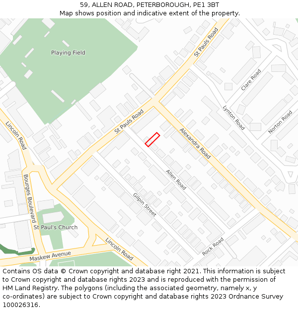 59, ALLEN ROAD, PETERBOROUGH, PE1 3BT: Location map and indicative extent of plot