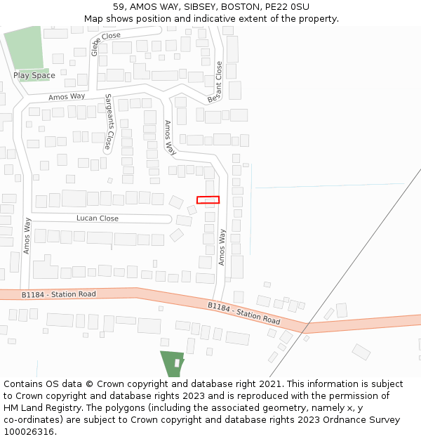 59, AMOS WAY, SIBSEY, BOSTON, PE22 0SU: Location map and indicative extent of plot