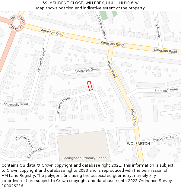 59, ASHDENE CLOSE, WILLERBY, HULL, HU10 6LW: Location map and indicative extent of plot