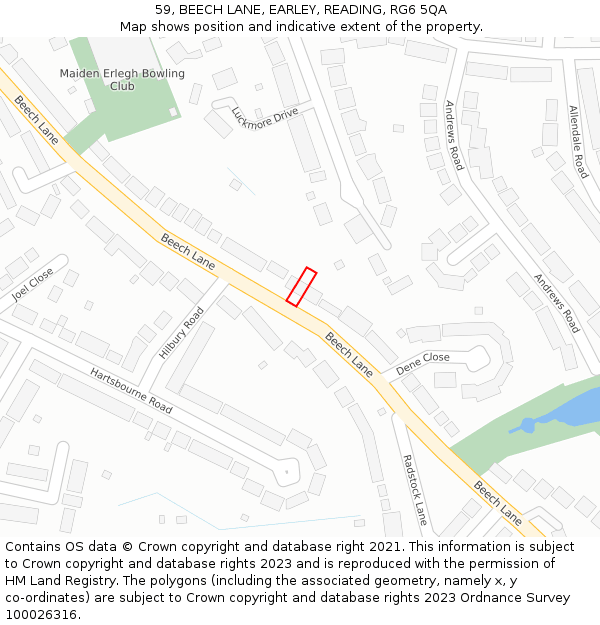 59, BEECH LANE, EARLEY, READING, RG6 5QA: Location map and indicative extent of plot