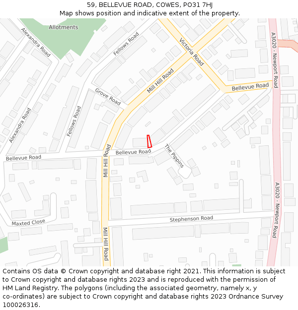 59, BELLEVUE ROAD, COWES, PO31 7HJ: Location map and indicative extent of plot