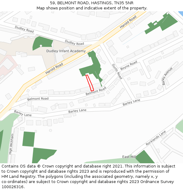 59, BELMONT ROAD, HASTINGS, TN35 5NR: Location map and indicative extent of plot