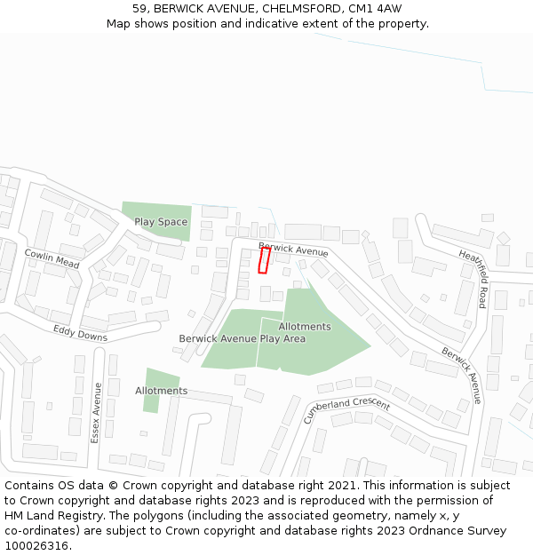 59, BERWICK AVENUE, CHELMSFORD, CM1 4AW: Location map and indicative extent of plot