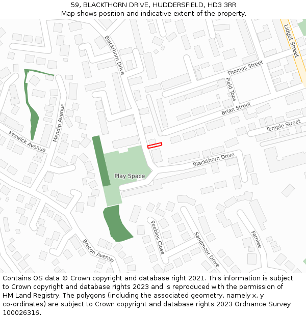 59, BLACKTHORN DRIVE, HUDDERSFIELD, HD3 3RR: Location map and indicative extent of plot