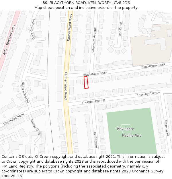 59, BLACKTHORN ROAD, KENILWORTH, CV8 2DS: Location map and indicative extent of plot