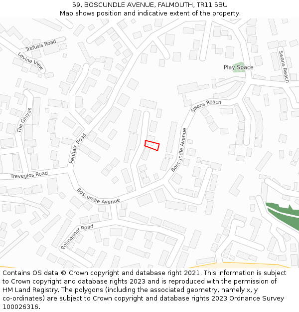 59, BOSCUNDLE AVENUE, FALMOUTH, TR11 5BU: Location map and indicative extent of plot
