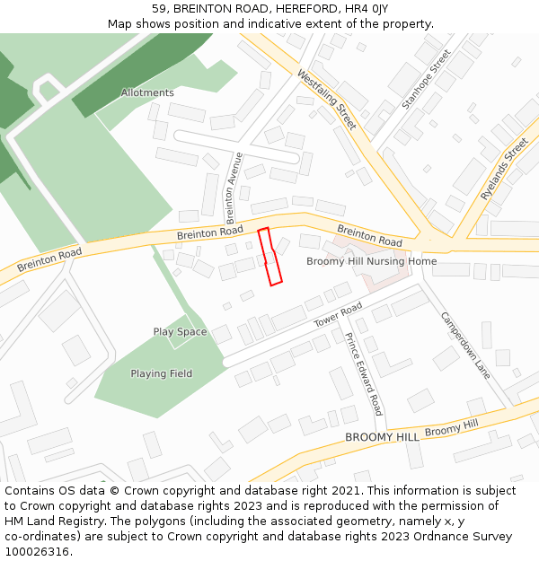 59, BREINTON ROAD, HEREFORD, HR4 0JY: Location map and indicative extent of plot