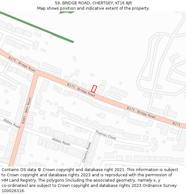 59, BRIDGE ROAD, CHERTSEY, KT16 8JR: Location map and indicative extent of plot