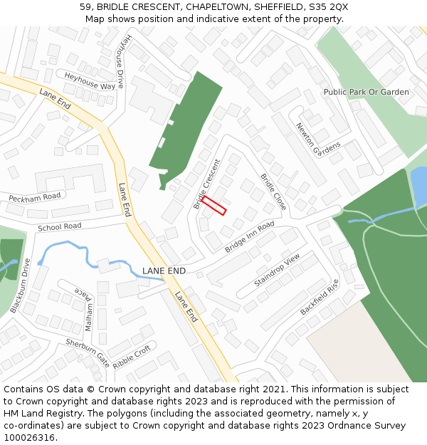 59, BRIDLE CRESCENT, CHAPELTOWN, SHEFFIELD, S35 2QX: Location map and indicative extent of plot