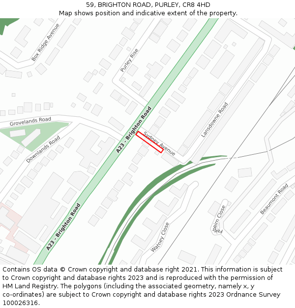 59, BRIGHTON ROAD, PURLEY, CR8 4HD: Location map and indicative extent of plot