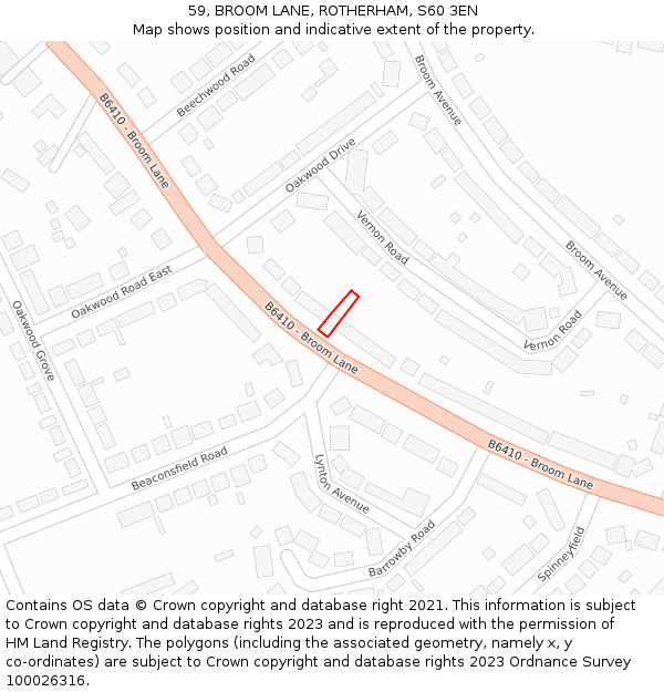 59, BROOM LANE, ROTHERHAM, S60 3EN: Location map and indicative extent of plot