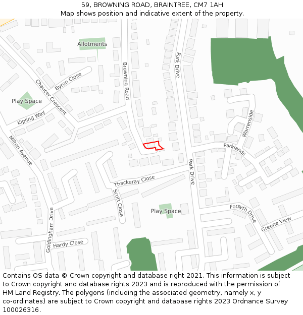 59, BROWNING ROAD, BRAINTREE, CM7 1AH: Location map and indicative extent of plot