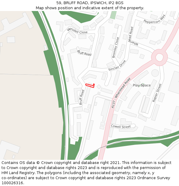 59, BRUFF ROAD, IPSWICH, IP2 8GS: Location map and indicative extent of plot