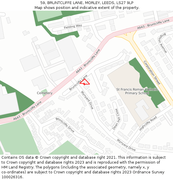 59, BRUNTCLIFFE LANE, MORLEY, LEEDS, LS27 9LP: Location map and indicative extent of plot
