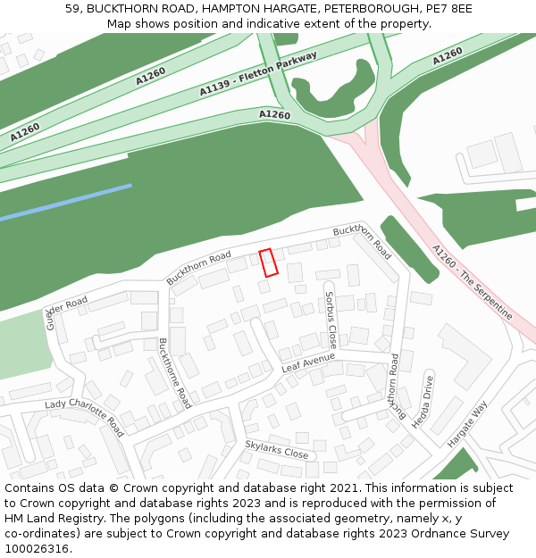 59, BUCKTHORN ROAD, HAMPTON HARGATE, PETERBOROUGH, PE7 8EE: Location map and indicative extent of plot