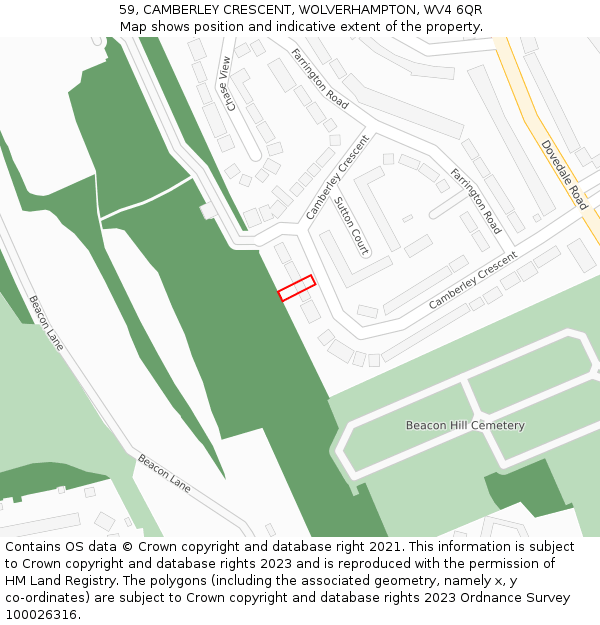 59, CAMBERLEY CRESCENT, WOLVERHAMPTON, WV4 6QR: Location map and indicative extent of plot