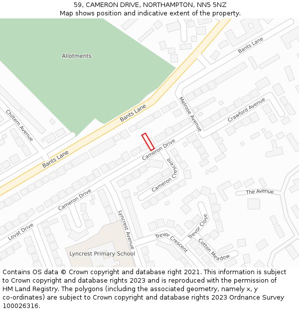 59, CAMERON DRIVE, NORTHAMPTON, NN5 5NZ: Location map and indicative extent of plot
