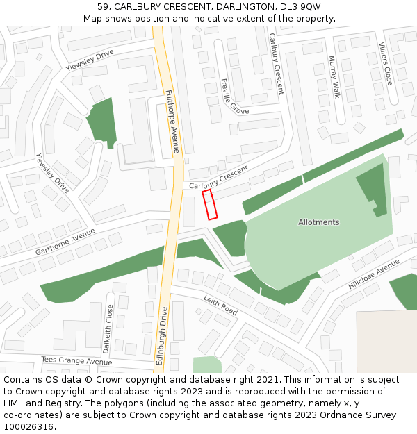 59, CARLBURY CRESCENT, DARLINGTON, DL3 9QW: Location map and indicative extent of plot