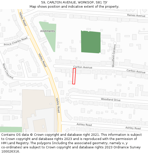59, CARLTON AVENUE, WORKSOP, S81 7JY: Location map and indicative extent of plot
