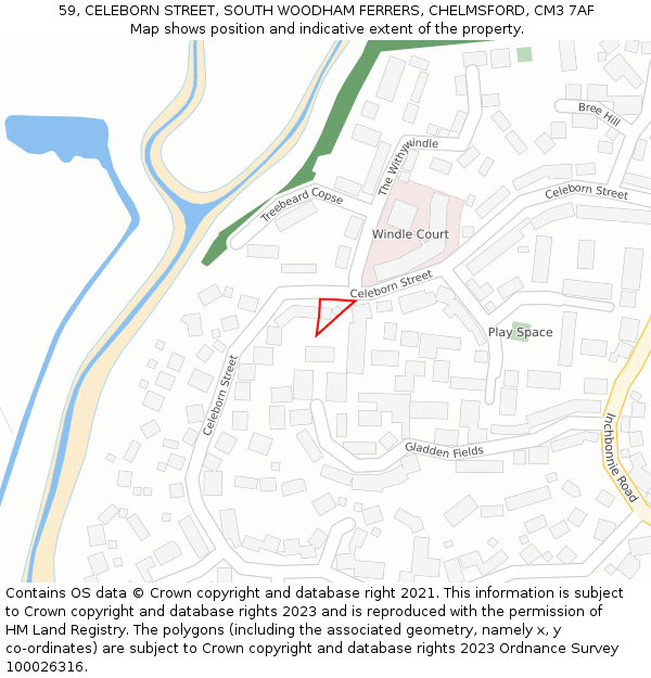 59, CELEBORN STREET, SOUTH WOODHAM FERRERS, CHELMSFORD, CM3 7AF: Location map and indicative extent of plot