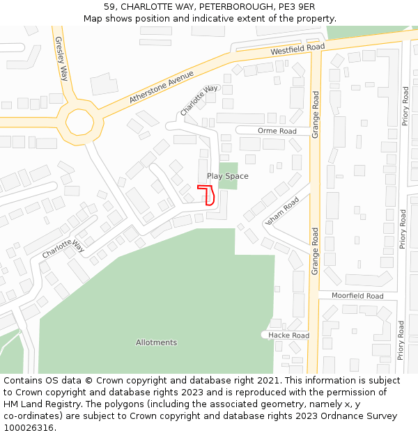 59, CHARLOTTE WAY, PETERBOROUGH, PE3 9ER: Location map and indicative extent of plot