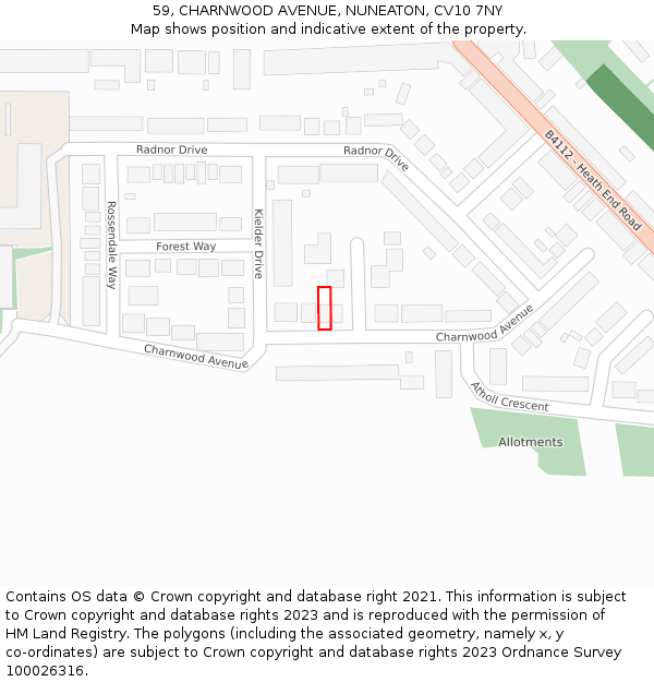 59, CHARNWOOD AVENUE, NUNEATON, CV10 7NY: Location map and indicative extent of plot