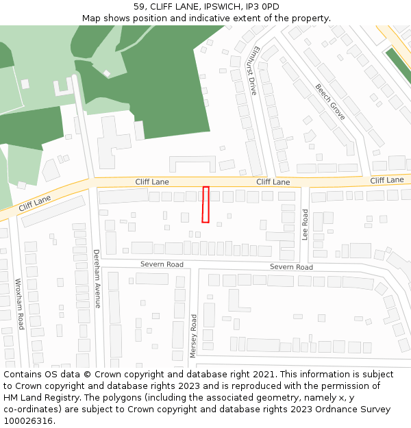 59, CLIFF LANE, IPSWICH, IP3 0PD: Location map and indicative extent of plot
