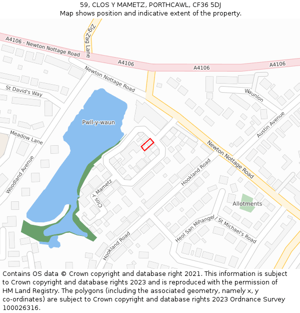 59, CLOS Y MAMETZ, PORTHCAWL, CF36 5DJ: Location map and indicative extent of plot