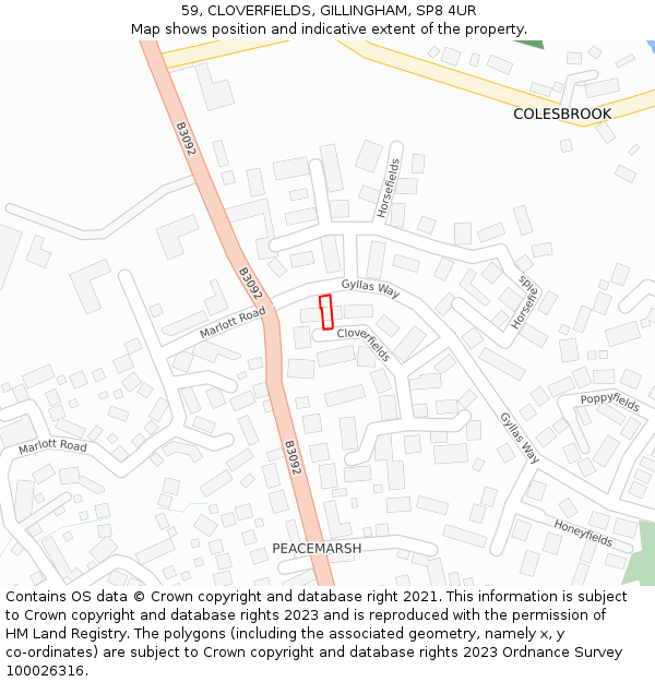 59, CLOVERFIELDS, GILLINGHAM, SP8 4UR: Location map and indicative extent of plot
