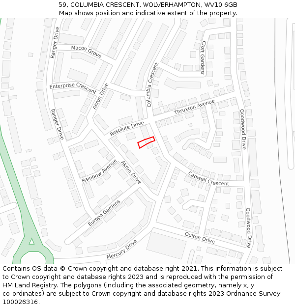 59, COLUMBIA CRESCENT, WOLVERHAMPTON, WV10 6GB: Location map and indicative extent of plot
