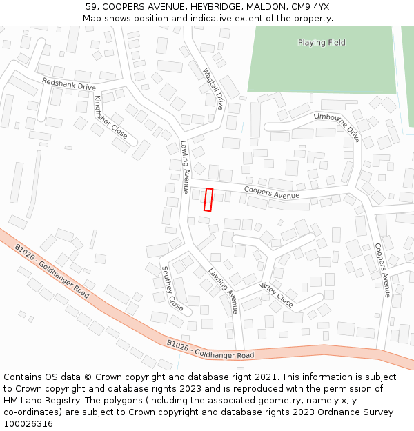 59, COOPERS AVENUE, HEYBRIDGE, MALDON, CM9 4YX: Location map and indicative extent of plot