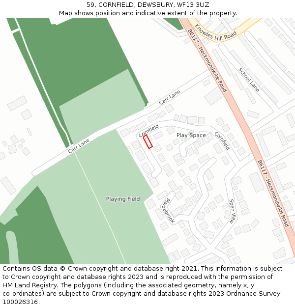 59, CORNFIELD, DEWSBURY, WF13 3UZ: Location map and indicative extent of plot