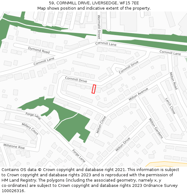 59, CORNMILL DRIVE, LIVERSEDGE, WF15 7EE: Location map and indicative extent of plot