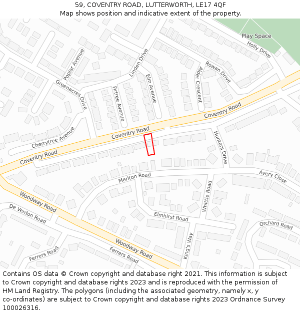 59, COVENTRY ROAD, LUTTERWORTH, LE17 4QF: Location map and indicative extent of plot