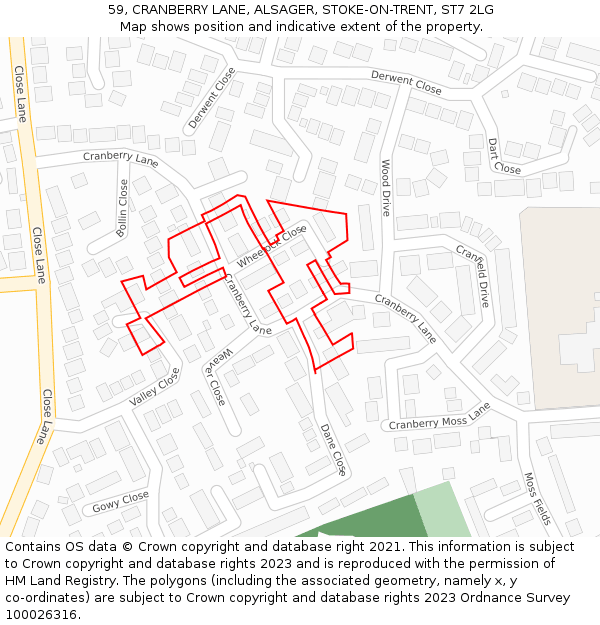 59, CRANBERRY LANE, ALSAGER, STOKE-ON-TRENT, ST7 2LG: Location map and indicative extent of plot