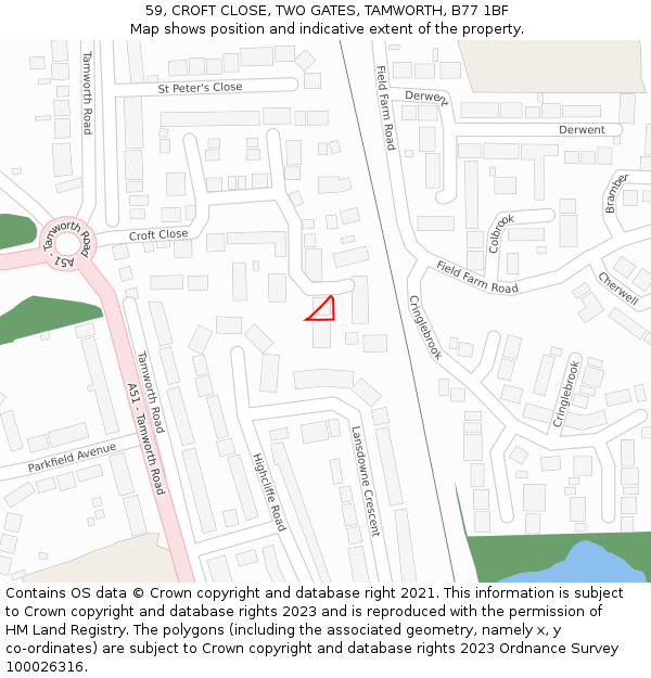 59, CROFT CLOSE, TWO GATES, TAMWORTH, B77 1BF: Location map and indicative extent of plot
