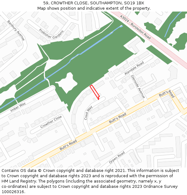 59, CROWTHER CLOSE, SOUTHAMPTON, SO19 1BX: Location map and indicative extent of plot