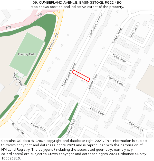 59, CUMBERLAND AVENUE, BASINGSTOKE, RG22 4BQ: Location map and indicative extent of plot