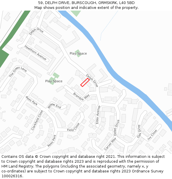 59, DELPH DRIVE, BURSCOUGH, ORMSKIRK, L40 5BD: Location map and indicative extent of plot