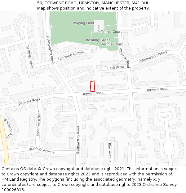 59, DERWENT ROAD, URMSTON, MANCHESTER, M41 8UL: Location map and indicative extent of plot