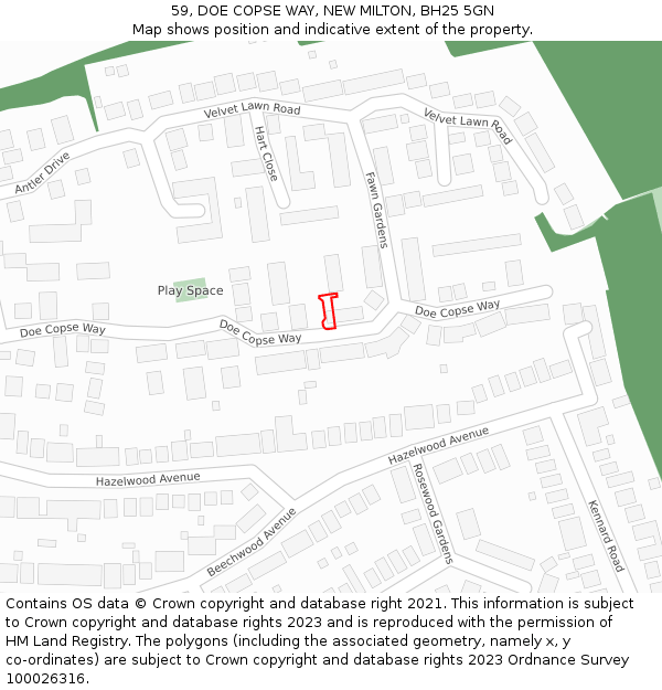 59, DOE COPSE WAY, NEW MILTON, BH25 5GN: Location map and indicative extent of plot