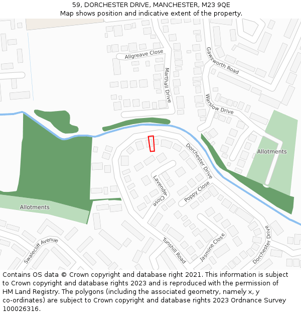 59, DORCHESTER DRIVE, MANCHESTER, M23 9QE: Location map and indicative extent of plot