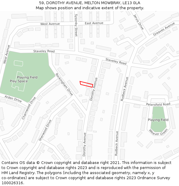 59, DOROTHY AVENUE, MELTON MOWBRAY, LE13 0LA: Location map and indicative extent of plot