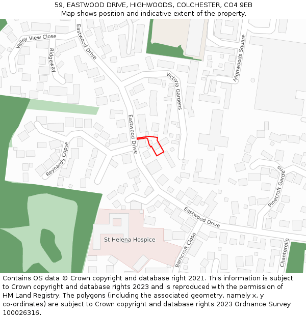 59, EASTWOOD DRIVE, HIGHWOODS, COLCHESTER, CO4 9EB: Location map and indicative extent of plot