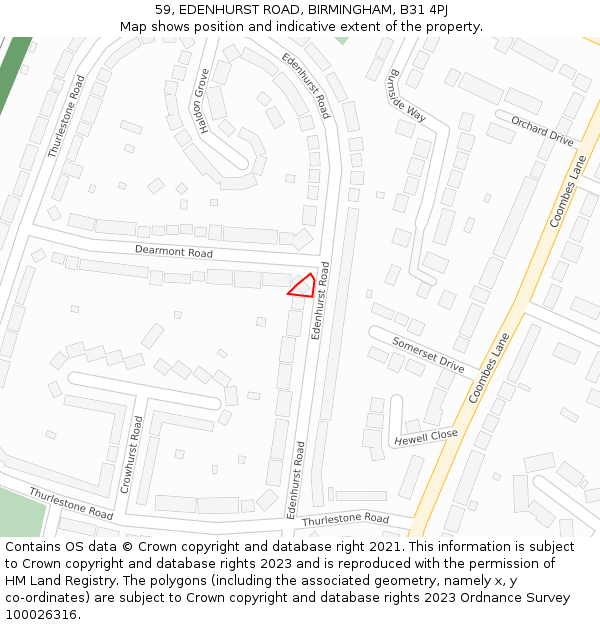 59, EDENHURST ROAD, BIRMINGHAM, B31 4PJ: Location map and indicative extent of plot