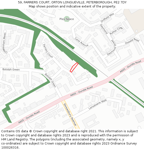 59, FARRIERS COURT, ORTON LONGUEVILLE, PETERBOROUGH, PE2 7DY: Location map and indicative extent of plot