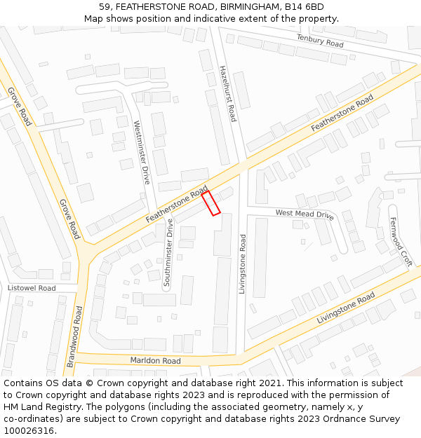 59, FEATHERSTONE ROAD, BIRMINGHAM, B14 6BD: Location map and indicative extent of plot