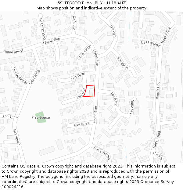 59, FFORDD ELAN, RHYL, LL18 4HZ: Location map and indicative extent of plot